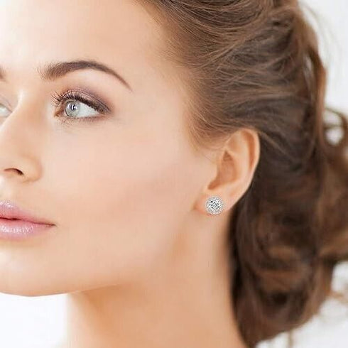 18k White Gold Plated Large CZ Center Stone Brilliant Cut Halo Stud Earrings